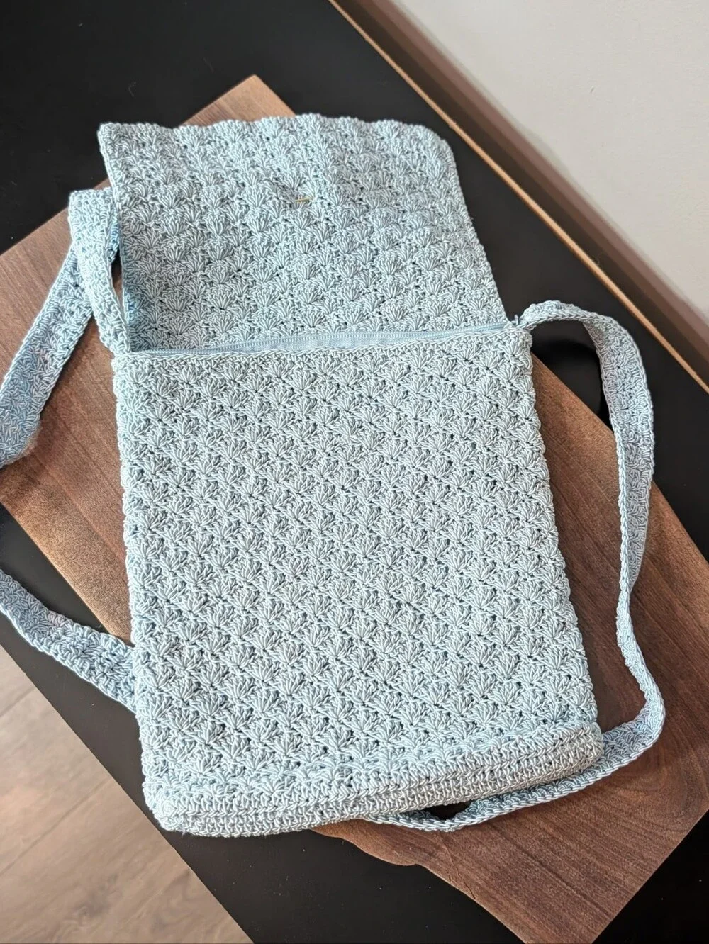Light Blue Crochet Crossbody Bag with Decorative Brooche